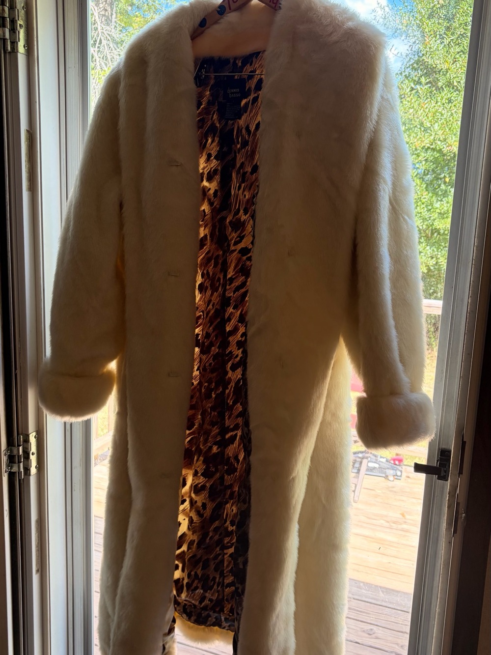 dennis basso Cream Faux Fur Coat with Leopard-Print Lining